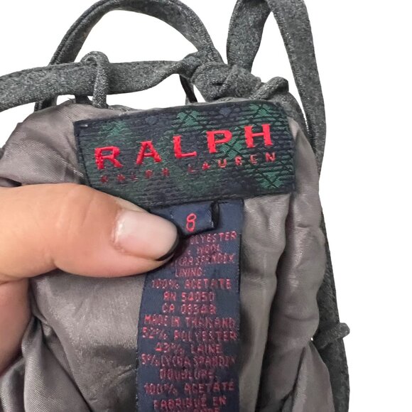 Vtg Ralph Lauren Gray Wool Blend Y2K Square Neck Tie Back Mini Sheath Dress 8 - Picture 5 of 6